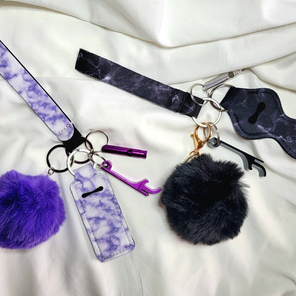2 Sets of Tie Dye Safety Keychain Sets, Whistle, Can Opener, Chapstick Holder
